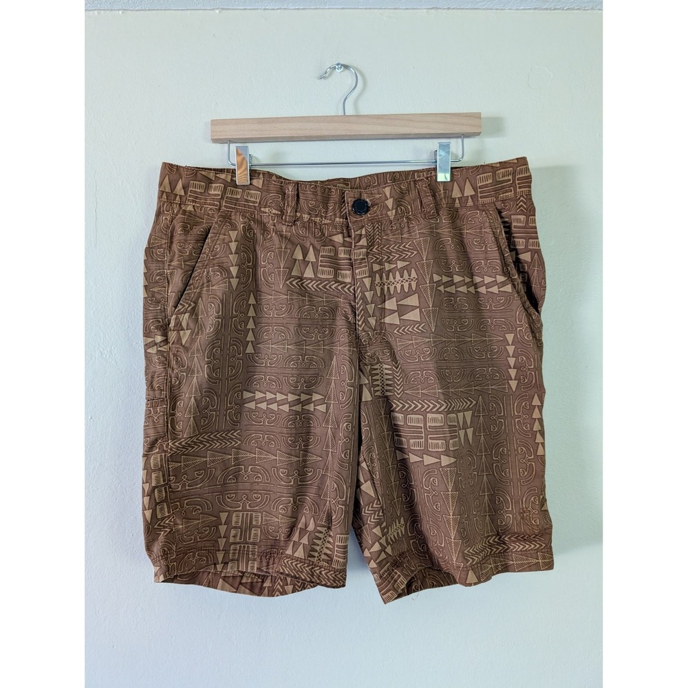 Hinano Tahiti Mens Brown‎ Polynesian Tribal Print Cotton Shorts 36 South Pacific